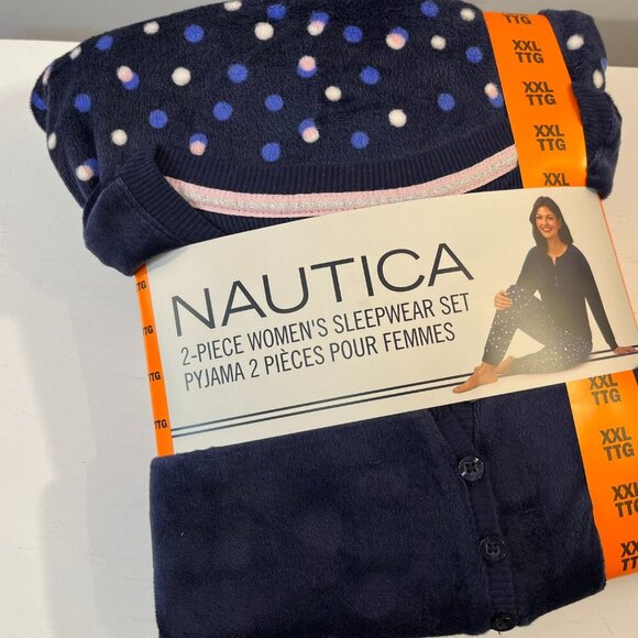 Nautica Women's Dark Blue Polka Dot Henley Silky Fleece Pyjama Set - NWT - Picture 6 of 6
